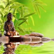 modle of budda sitting on pebbles by water